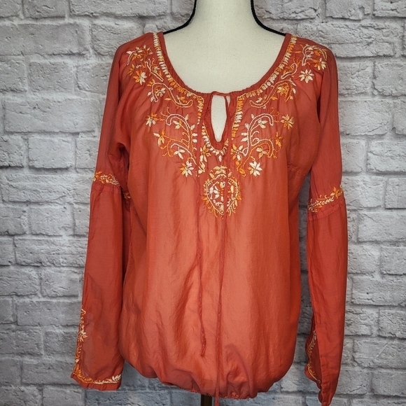 Lucky Brand Top Orange Cream Embroidered Split V Neck Ties Long Sleeve Size S - Picture 3 of 8